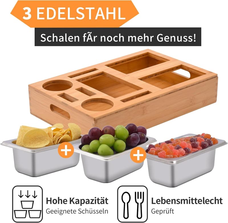 Couch Organizer Snackbox aus Bambus mit 3 Fächern und Getränkehalter