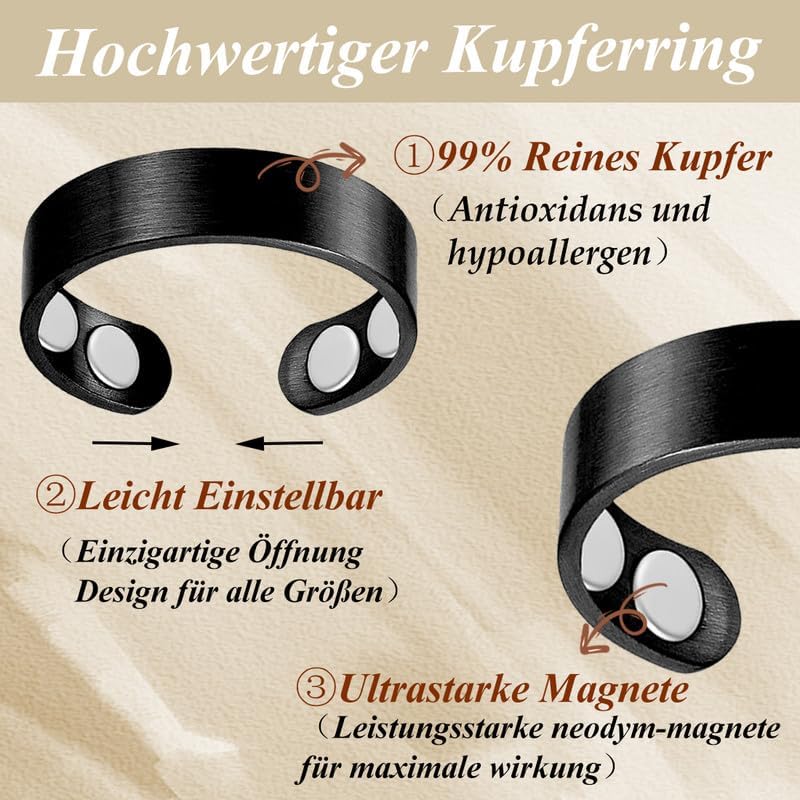 Lymphdrainage Magnetring für Damen und Herren - 99% reines Kupfer, verstellbar, 4 starke Magnete, Geschenkbox (schwarz)