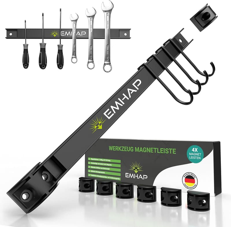 Magnetleiste für Werkzeuge – 4er Set, 30 cm, extra stark, inkl. Haken und Verbindungsstücke