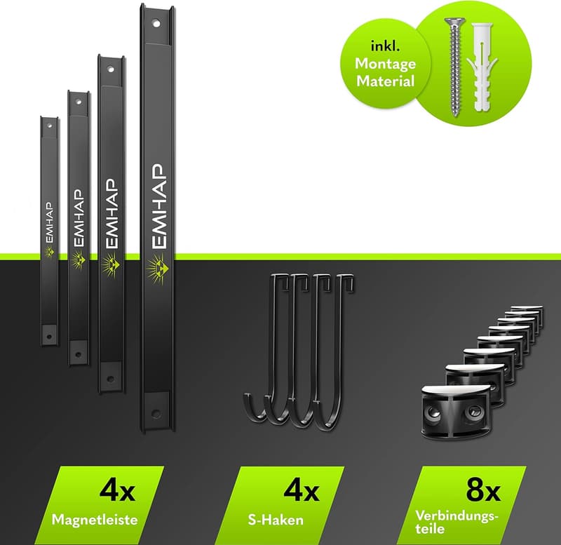 Magnetleiste für Werkzeuge – 4er Set, 30 cm, extra stark, inkl. Haken und Verbindungsstücke