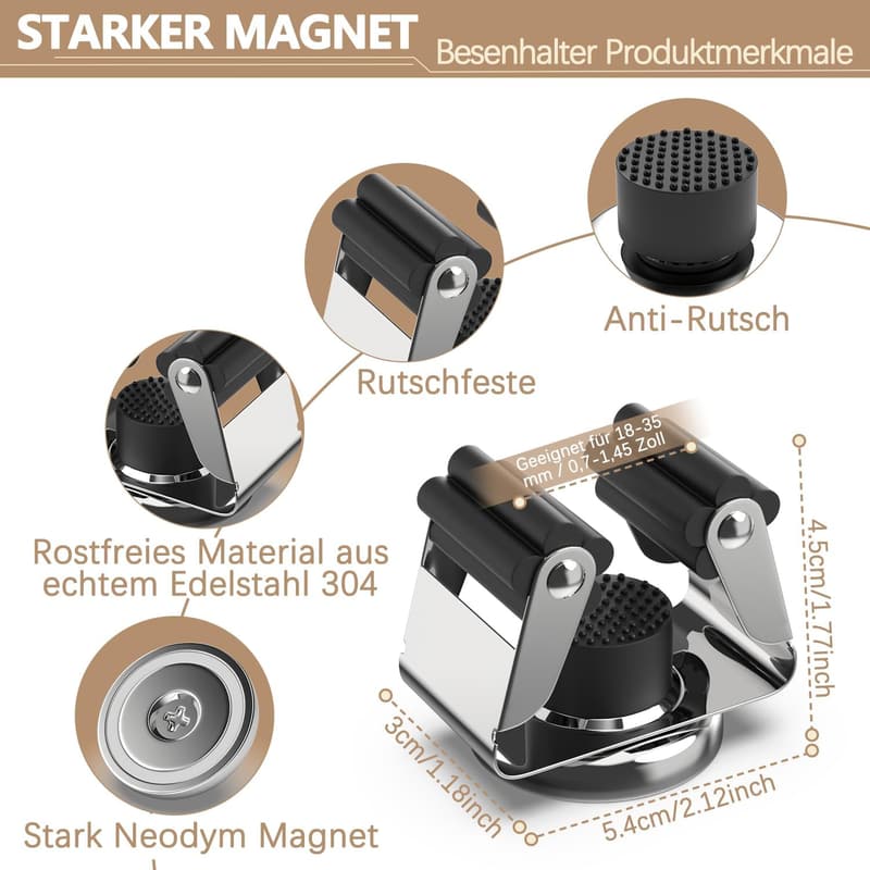 Magnetischer Besenhalter aus Edelstahl mit 4 Haken für Haushalt und Garten