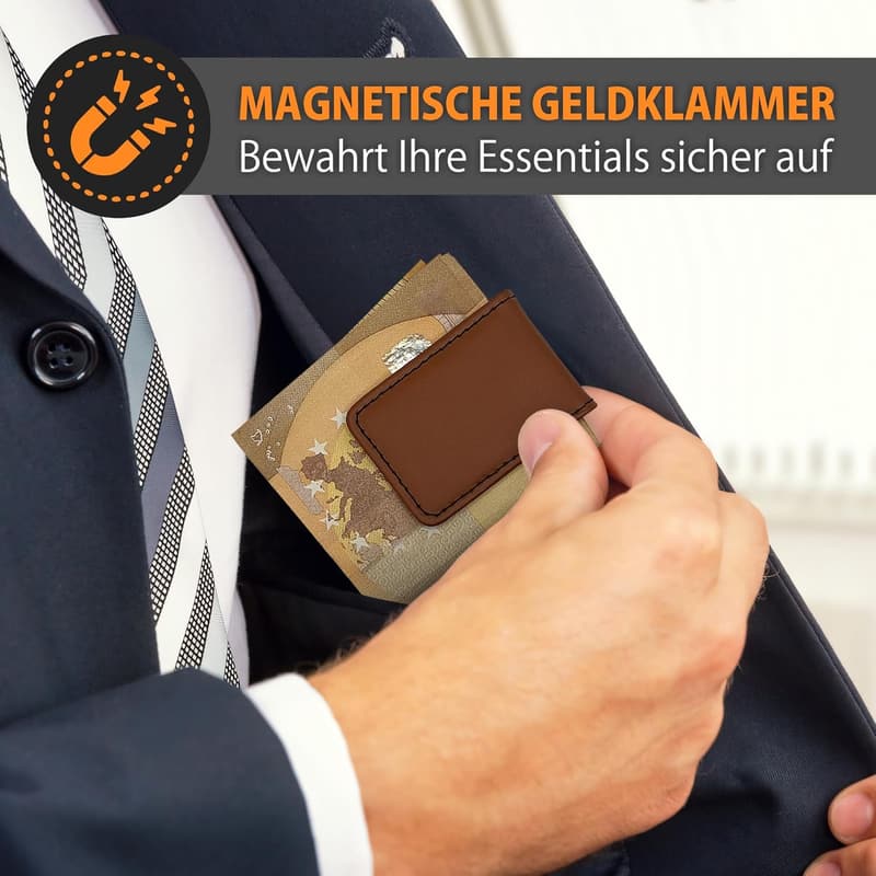 Magnetische Geldklammer aus Leder für bis zu 15 Banknoten (Braun)