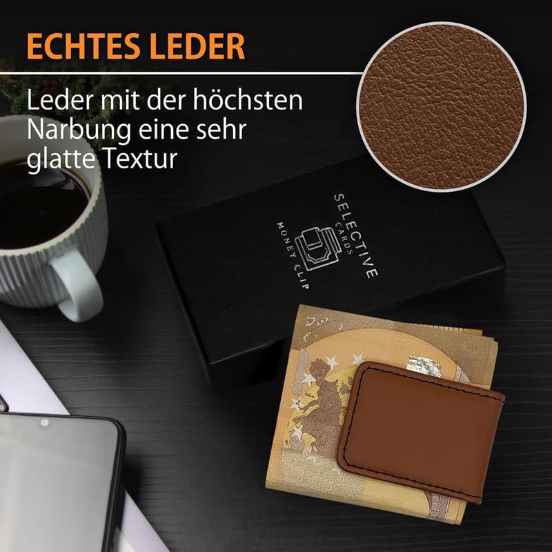 Magnetische Geldklammer aus Leder für bis zu 15 Banknoten (Braun)