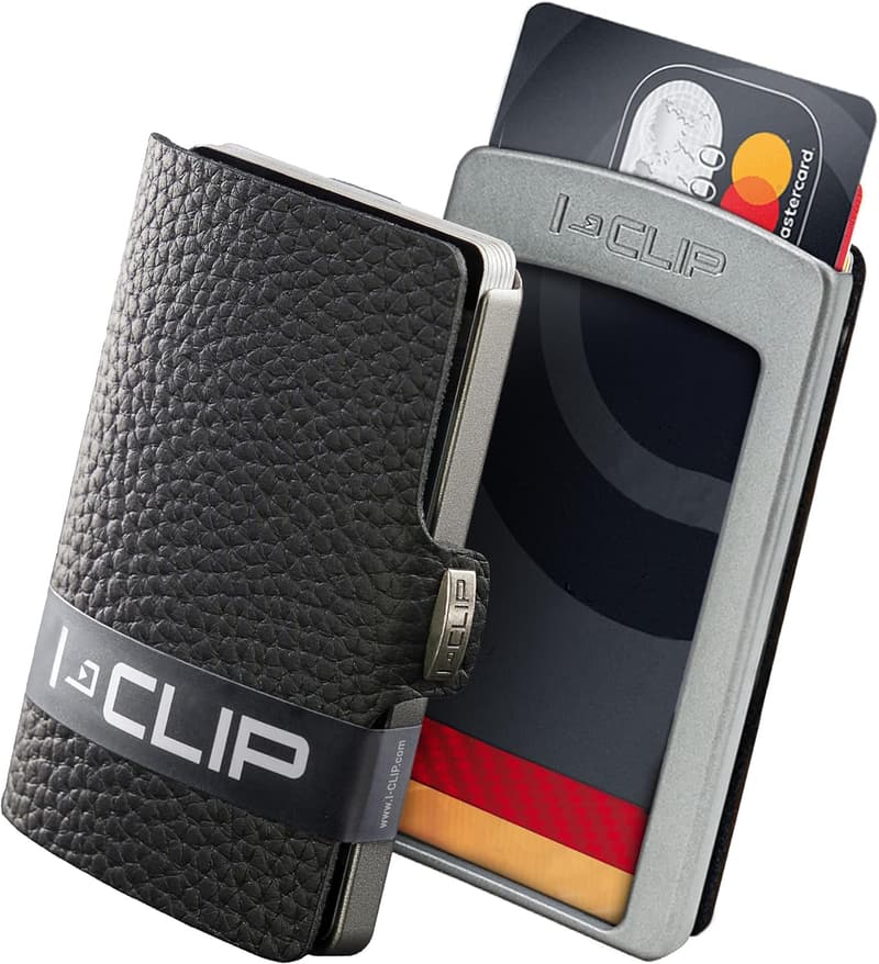 I-CLIP Mini Geldbeutel aus schwarzem Echten Leder mit Geldklammer