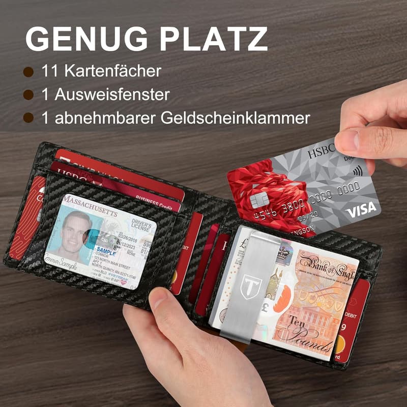 RFID-schutz Geldbörse für Herren, Slim Wallet aus Carbon Schwarz