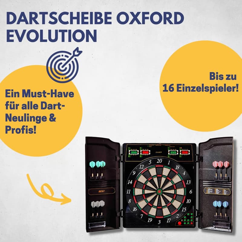 Elektronische Dartscheibe Oxford Evolution mit LED-Anzeigen und 12 Dartpfeilen