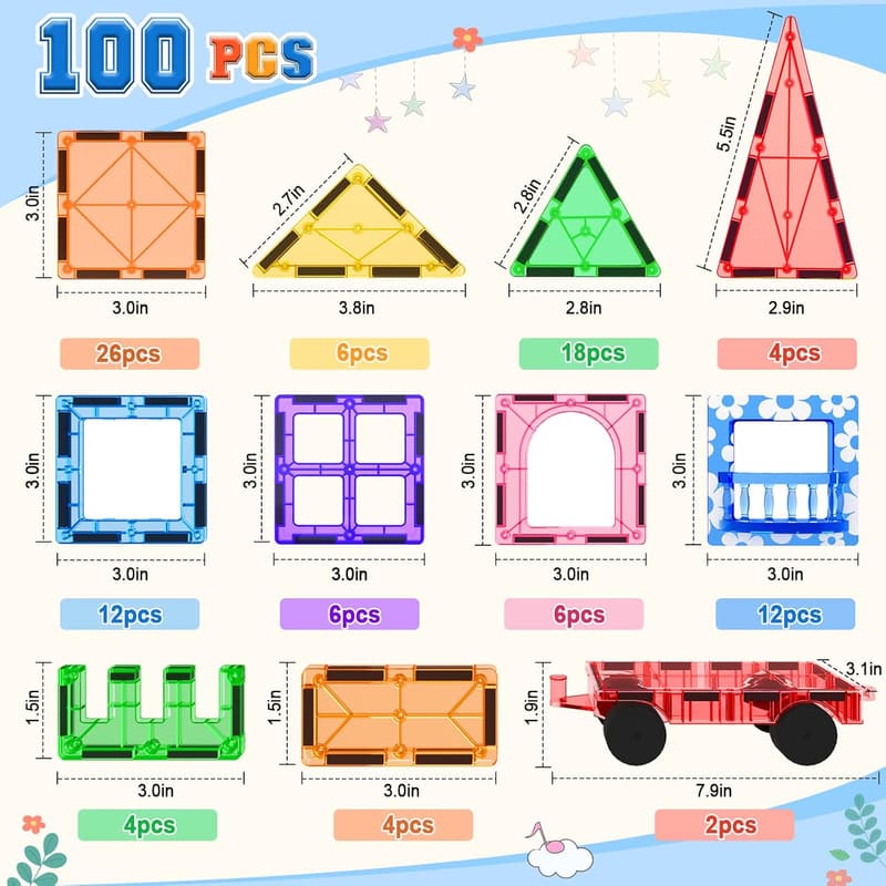 Magnetische Bauspielzeuge mit 100 Fliesen und 2 Autos für Kinder ab 3 Jahren