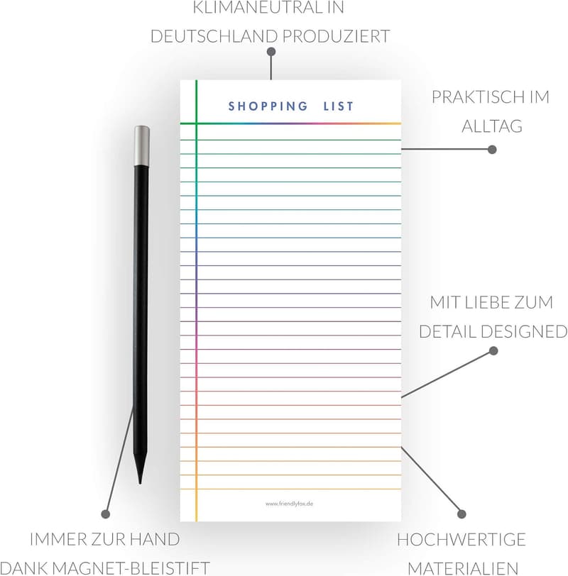 Magnetischer Notizblock „Freundlicher Fuchs“ mit 50 Einkaufszetteln und Bleistift