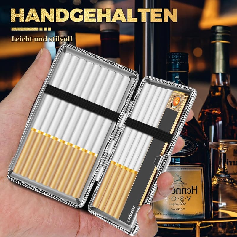 Retro Zigarettenetui aus PU-Leder mit Feuerzeug für Herren und Damen, 2er Set