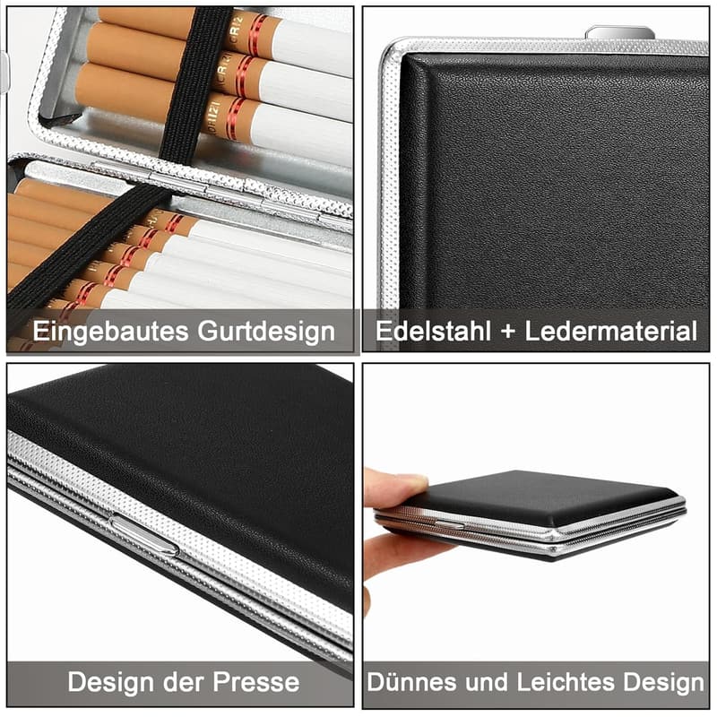 Leder-Zigarettenetui aus Edelstahl für 20 Zigaretten, handlich 10x10x2 cm