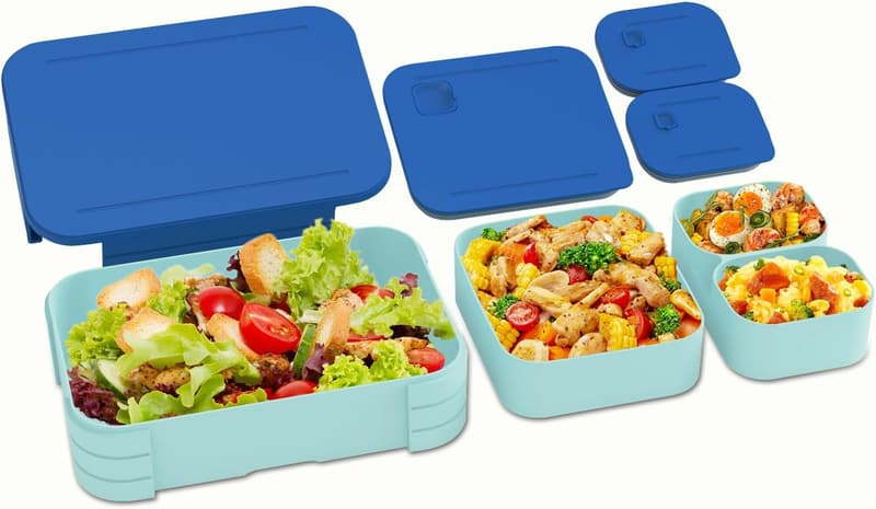 Auslaufsichere 3-in-1 Bento-Box für Kinder - Mikrowellen- & Spülmaschinenfest (Blau)
