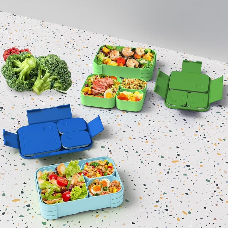 Auslaufsichere 3-in-1 Bento-Box für Kinder - Mikrowellen- & Spülmaschinenfest (Blau)