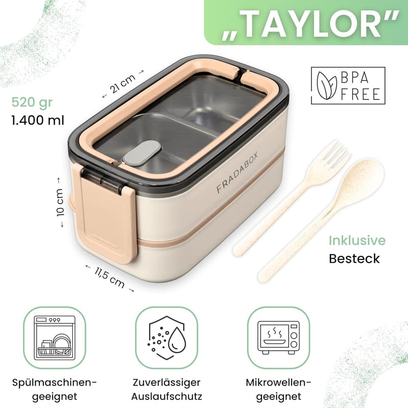 Bento Lunchbox „Taylor“ aus Edelstahl, 2 Etagen, BPA-frei, für Erwachsene
