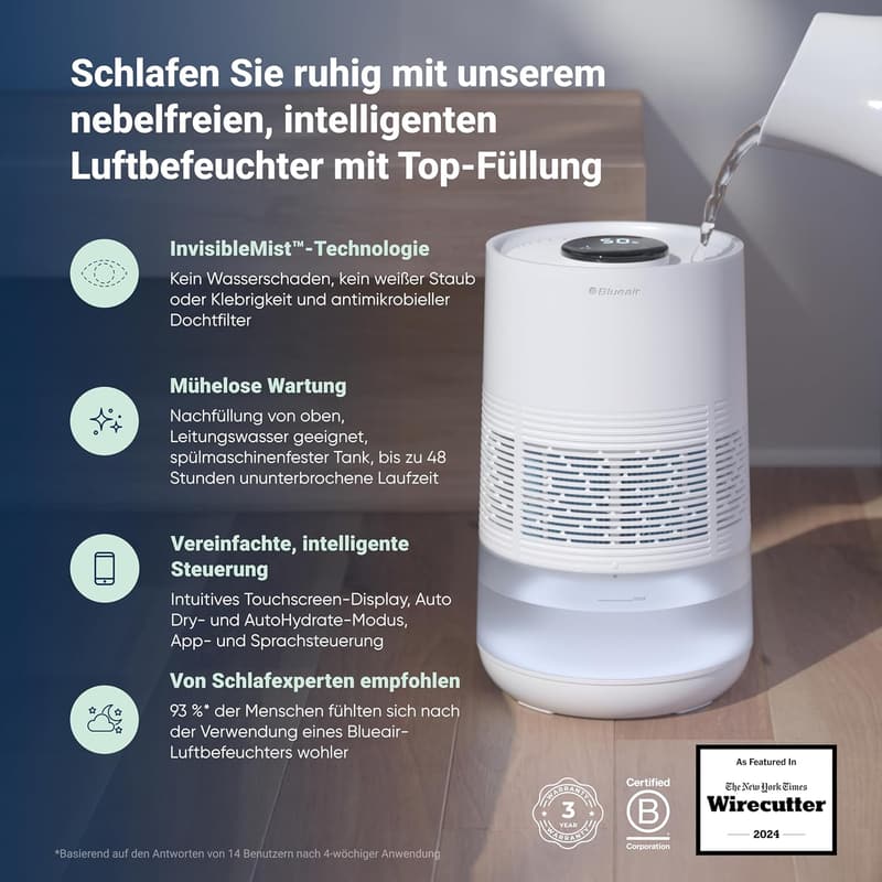 BLUEAIR Smart Luftbefeuchter für Räume bis 46 m², 3,5 l Tank, Auto- und Nachtmodus