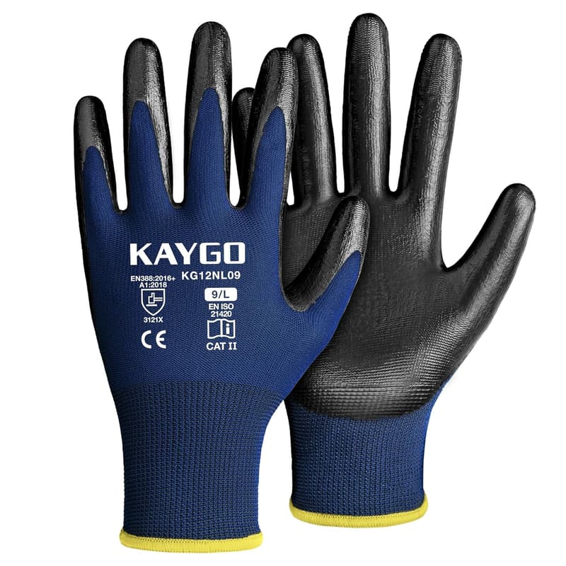 KAYGO Nitril-Beschichtete Arbeitshandschuhe, 12 Paar für Herren und Damen, Flexibel und Gripstark, Blau, Größe L