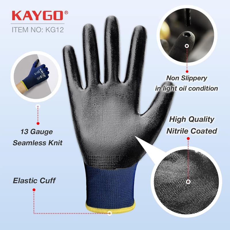 KAYGO Nitril-Beschichtete Arbeitshandschuhe, 12 Paar für Herren und Damen, Flexibel und Gripstark, Blau, Größe L