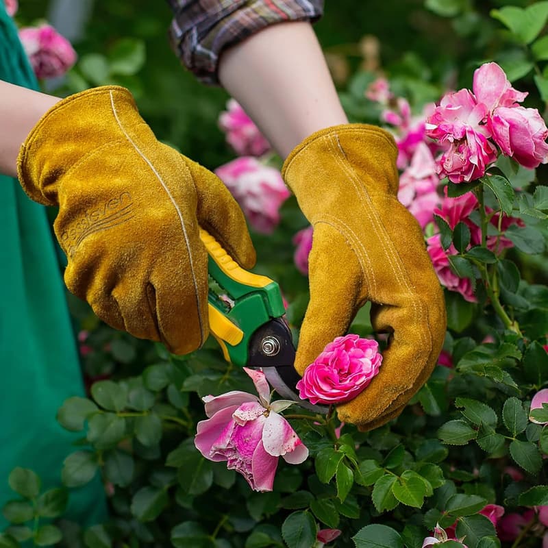 Strapazierfähige Rindsleder Gartenhandschuhe für Herren, gelb