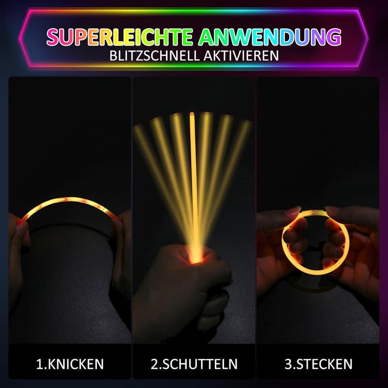 Knicklichter Set für Kindergeburtstag - 100 Leuchtstäbe mit 100 Verbindern