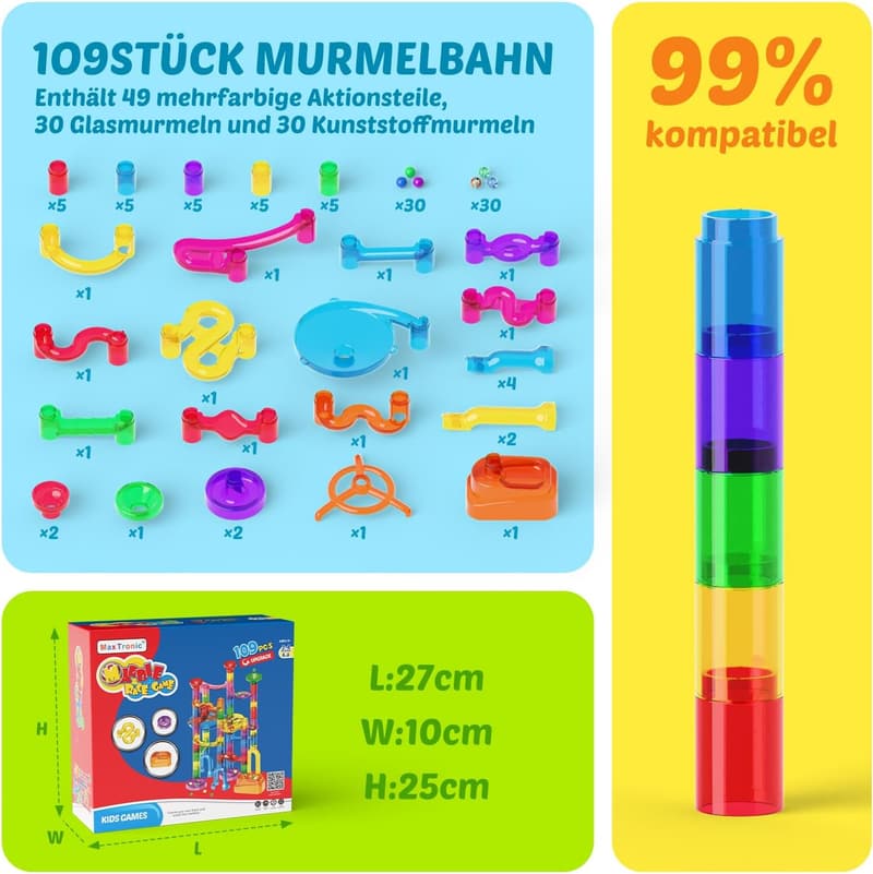 STEM Murmelbahn Set mit 109 transparenten Elementen für Kinder ab 3 Jahren