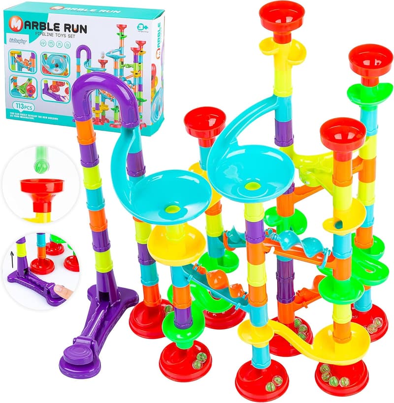 Kreatives Murmelbahn Bausteinset für Kinder ab 3 Jahren – 113 Teile mit 50 Glasmurmeln – STEM Spielzeug aus ABS