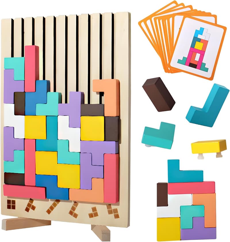 Montessori Holzpuzzle Tetris für Kinder ab 3 Jahren – Geometrische Blöcke