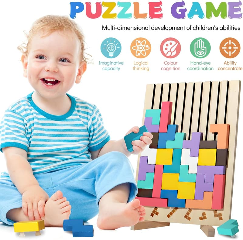 Montessori Holzpuzzle Tetris für Kinder ab 3 Jahren – Geometrische Blöcke