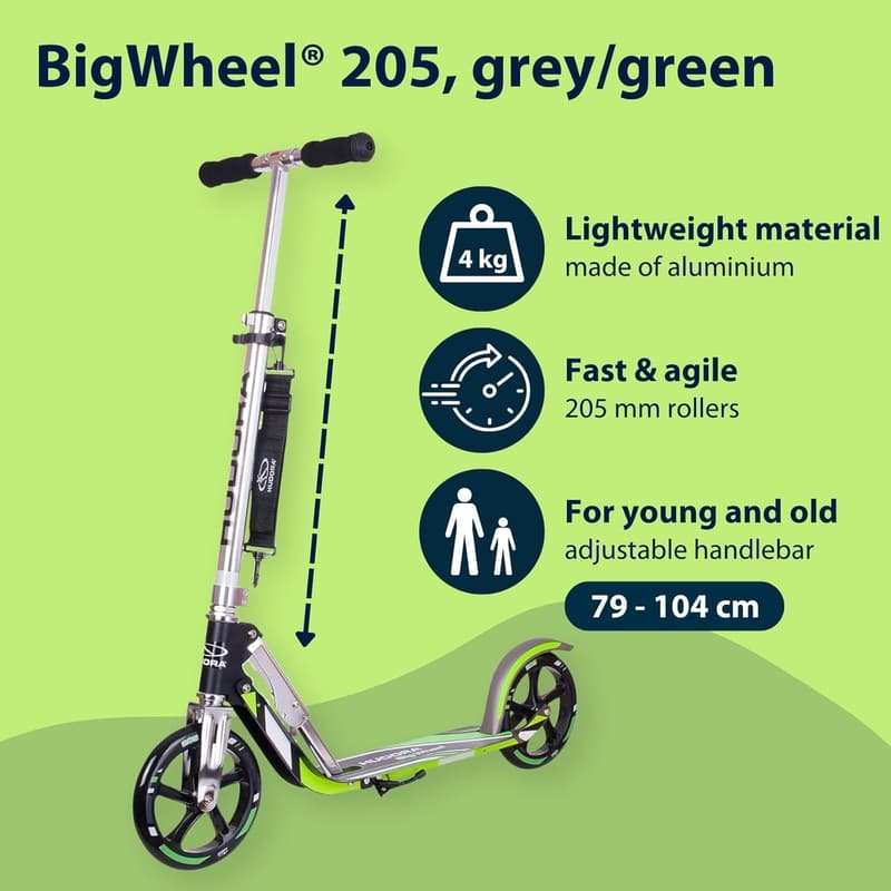 HUDORA BigWheel 205 Scooter - Höhenverstellbarer Aluminium-Roller für Kinder und Erwachsene bis 100kg