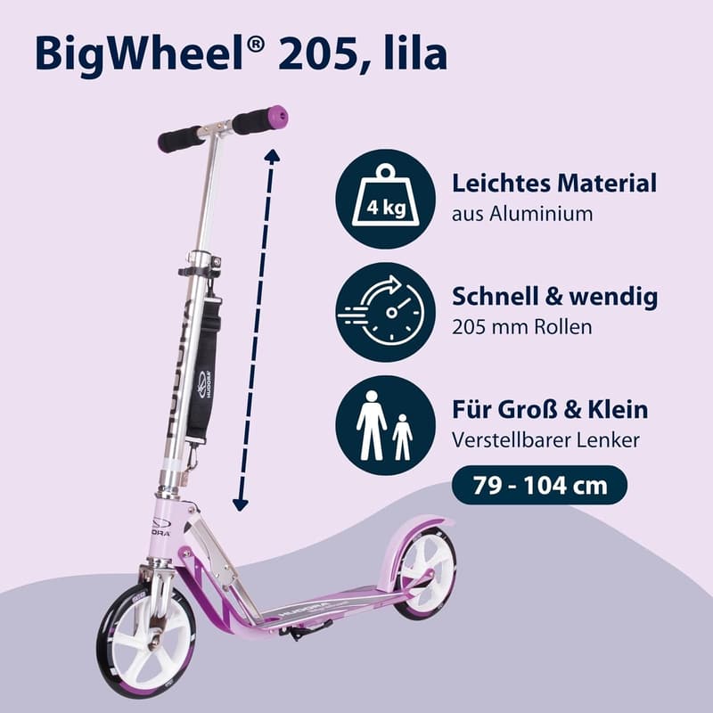 HUDORA BigWheel Scooter 205 - Höhenverstellbarer und zusammenklappbarer Roller für Kinder und Erwachsene bis 100kg