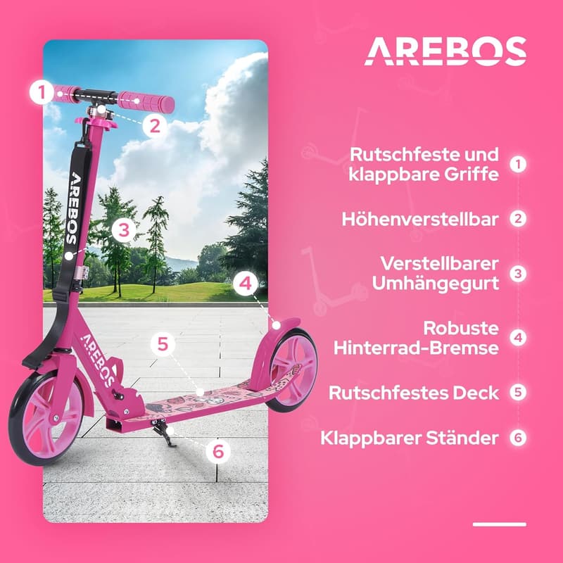 Arebos klappbarer Tretroller mit XXL-Rädern und Tritt-Bremse für Kinder und Erwachsene