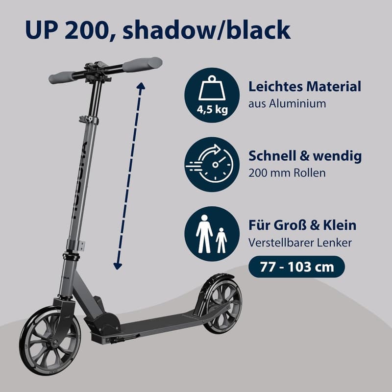 HUDORA Scooter Up 200 – Höhenverstellbarer Aluminium-Roller für bis zu 100 kg