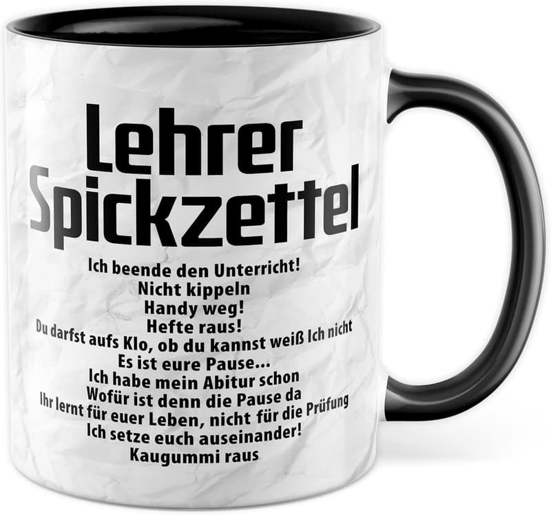 Lustige Keramiktasse mit Spickzettel für Lehrer – Geschenkidee für Kollegen