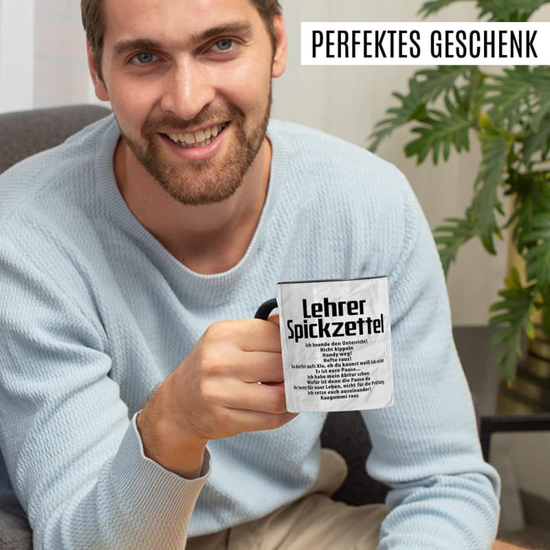Lustige Keramiktasse mit Spickzettel für Lehrer – Geschenkidee für Kollegen