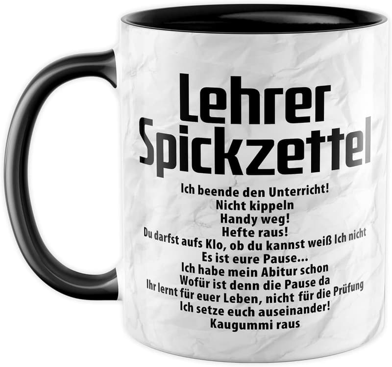 Lustige Keramiktasse mit Spickzettel für Lehrer – Geschenkidee für Kollegen