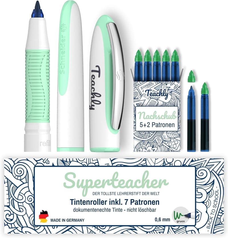 Nachfüllbarer Tintenroller für Lehrer - Teachly Superteacher Mint, 7 Patronen