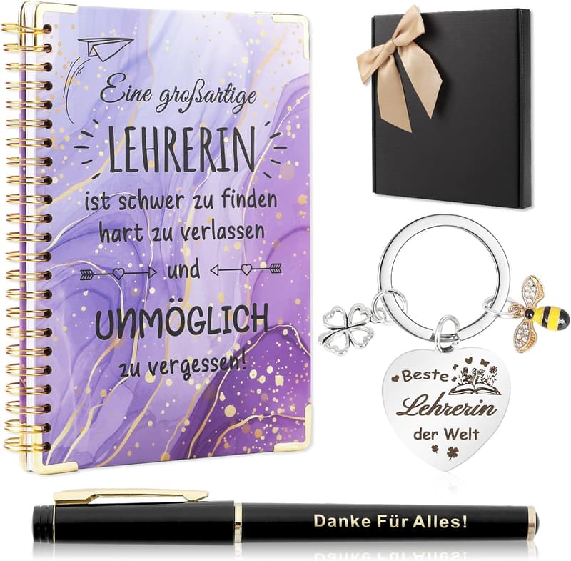 Abschiedsgeschenk für Lehrerin mit Notizbuch und Schlüsselanhänger