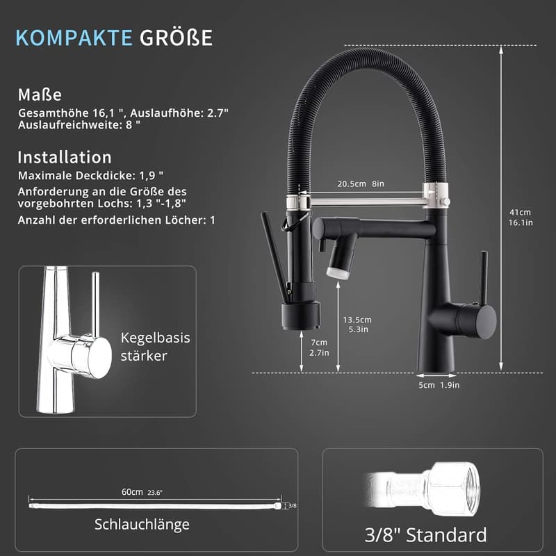 Schwarz LED Küchenarmatur mit ausziehbarer Brause und Hochdruck