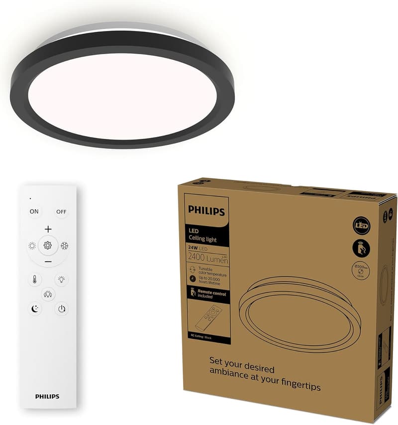 Philips Dimmbare LED-Deckenleuchte mit Fernbedienung, 30 cm, Schwarz