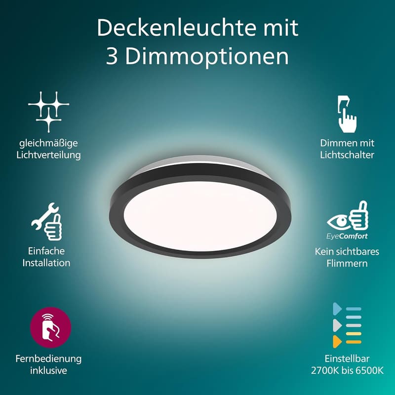 Philips Dimmbare LED-Deckenleuchte mit Fernbedienung, 30 cm, Schwarz