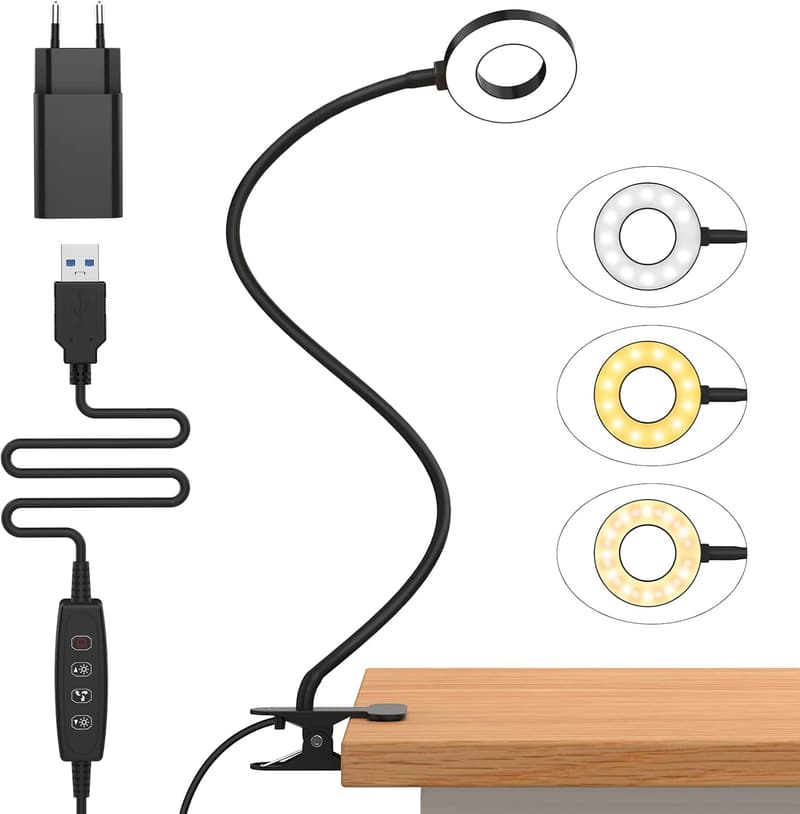 Dimmbare LED Klemmlampe mit 3 Modi & 10 Helligkeitsstufen, 70cm Schwanenhals