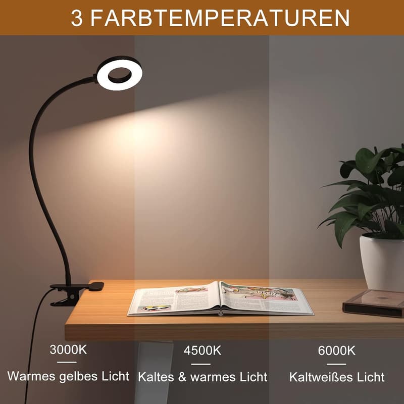 Dimmbare LED Klemmlampe mit 3 Modi & 10 Helligkeitsstufen, 70cm Schwanenhals