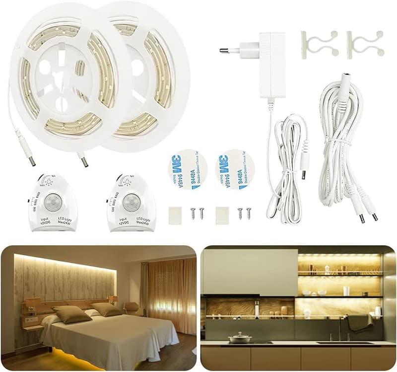 Bewegungsmelder LED Bettlicht Leiste, dimmbar, 2x 1,5m, warmweiß