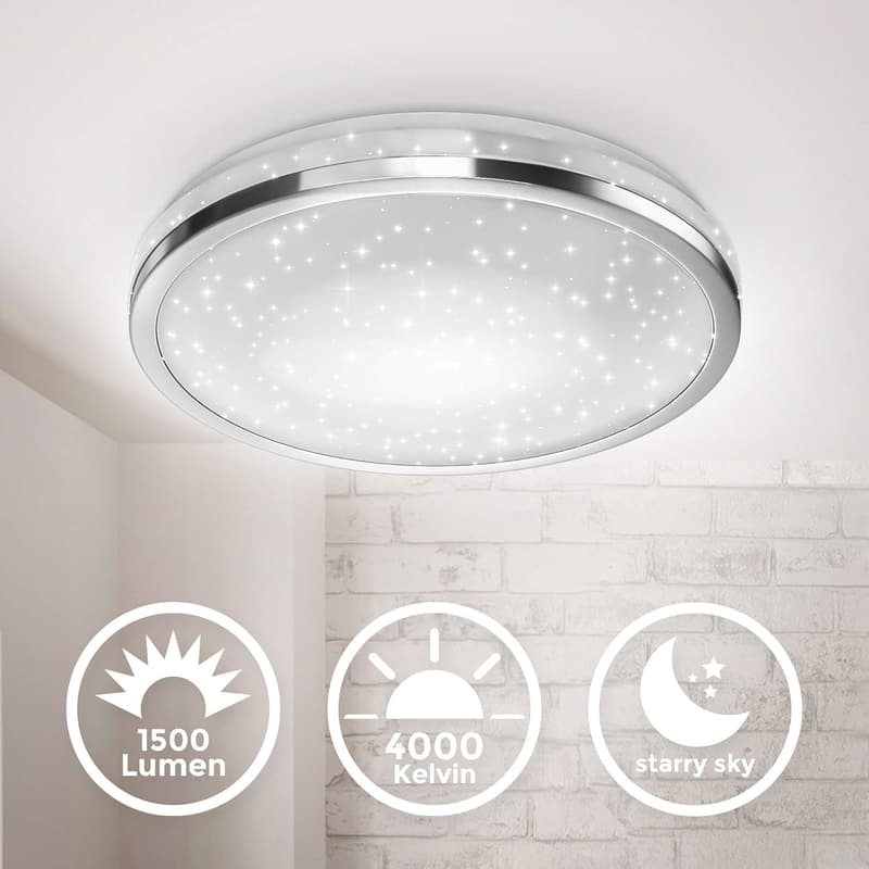 LED Deckenlampe mit Sternenhimmel, 15 Watt, 1500 Lumen, Chrom
