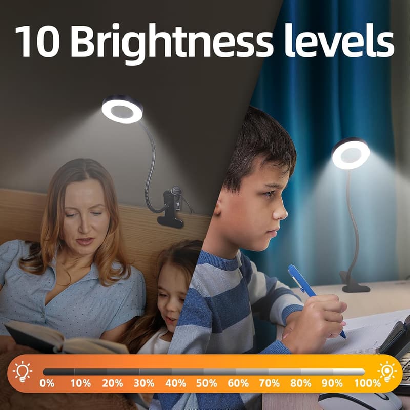 Dimmbare 48-LED Leselampe mit Klemme, 10 Stufen, flexibel, USB (Schwarz)