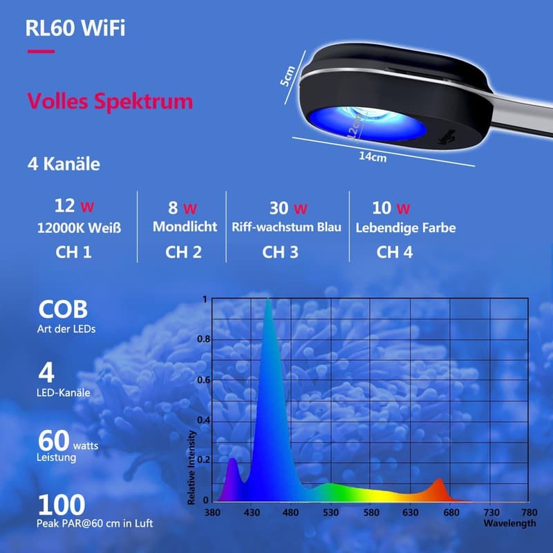 APP-gesteuerte LED-Beleuchtung für Salzwasseraquarien 30-60cm (60W, Schwarz)