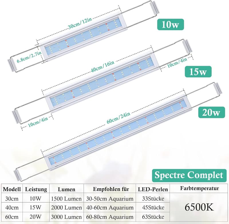 Klassische LED-Aquariumleuchte mit Timer für Pflanzen - 30-50 cm
