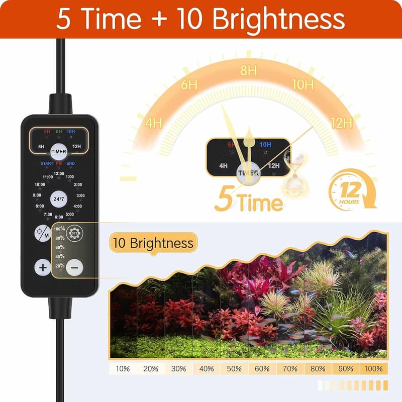 Vollspektrum LED Aquariumbeleuchtung mit Timer, 11W, 9 Farben für 31-58 cm