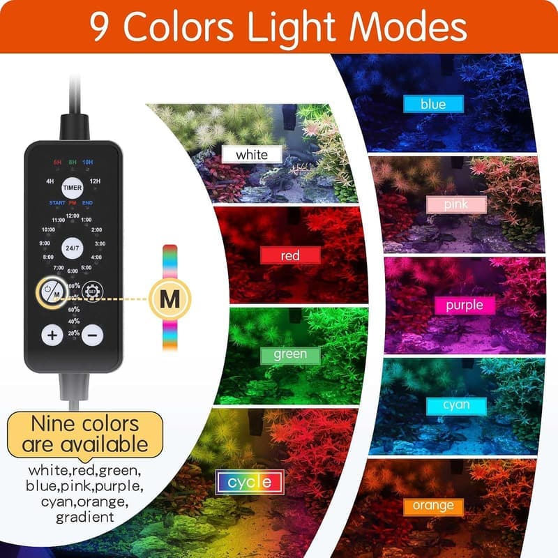 Vollspektrum LED Aquariumbeleuchtung mit Timer, 11W, 9 Farben für 31-58 cm