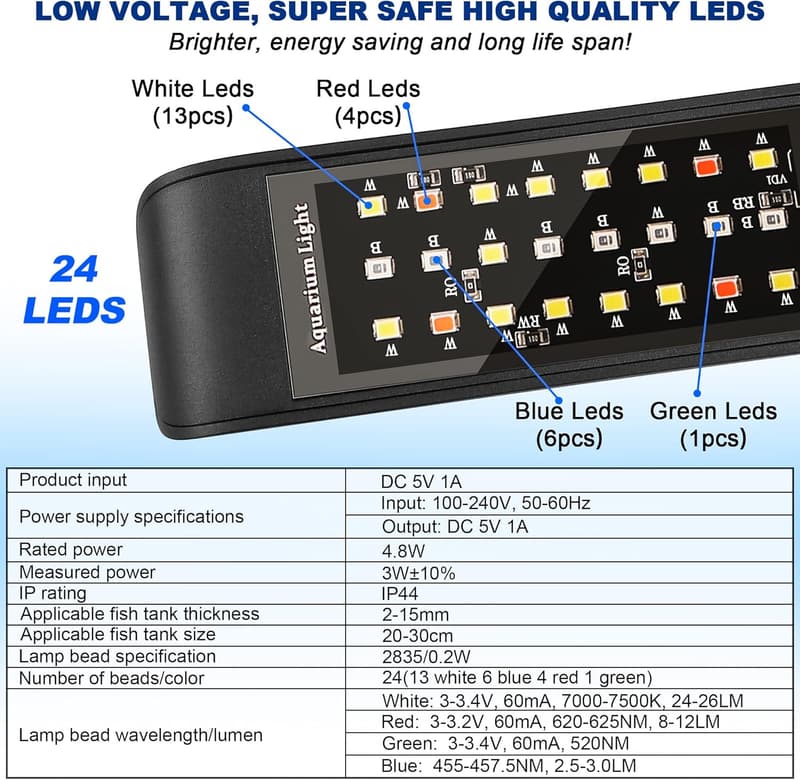 LED Aquarium-Klemmlampe mit Timer und dimmbaren 10 Helligkeitsstufen