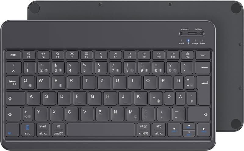 Emetok Tragbare Bluetooth-Tastatur für iPad und iPhone, QWERTZ, Wiederaufladbar, Schwarz