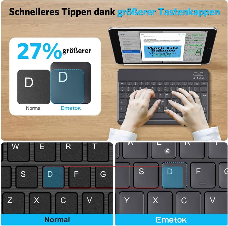 Emetok Tragbare Bluetooth-Tastatur für iPad und iPhone, QWERTZ, Wiederaufladbar, Schwarz